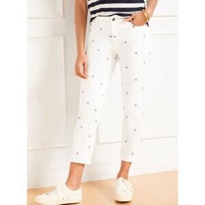 Talbots Womens 16 White Blue Tossed Shells Straight Crop Denim Jean NEW